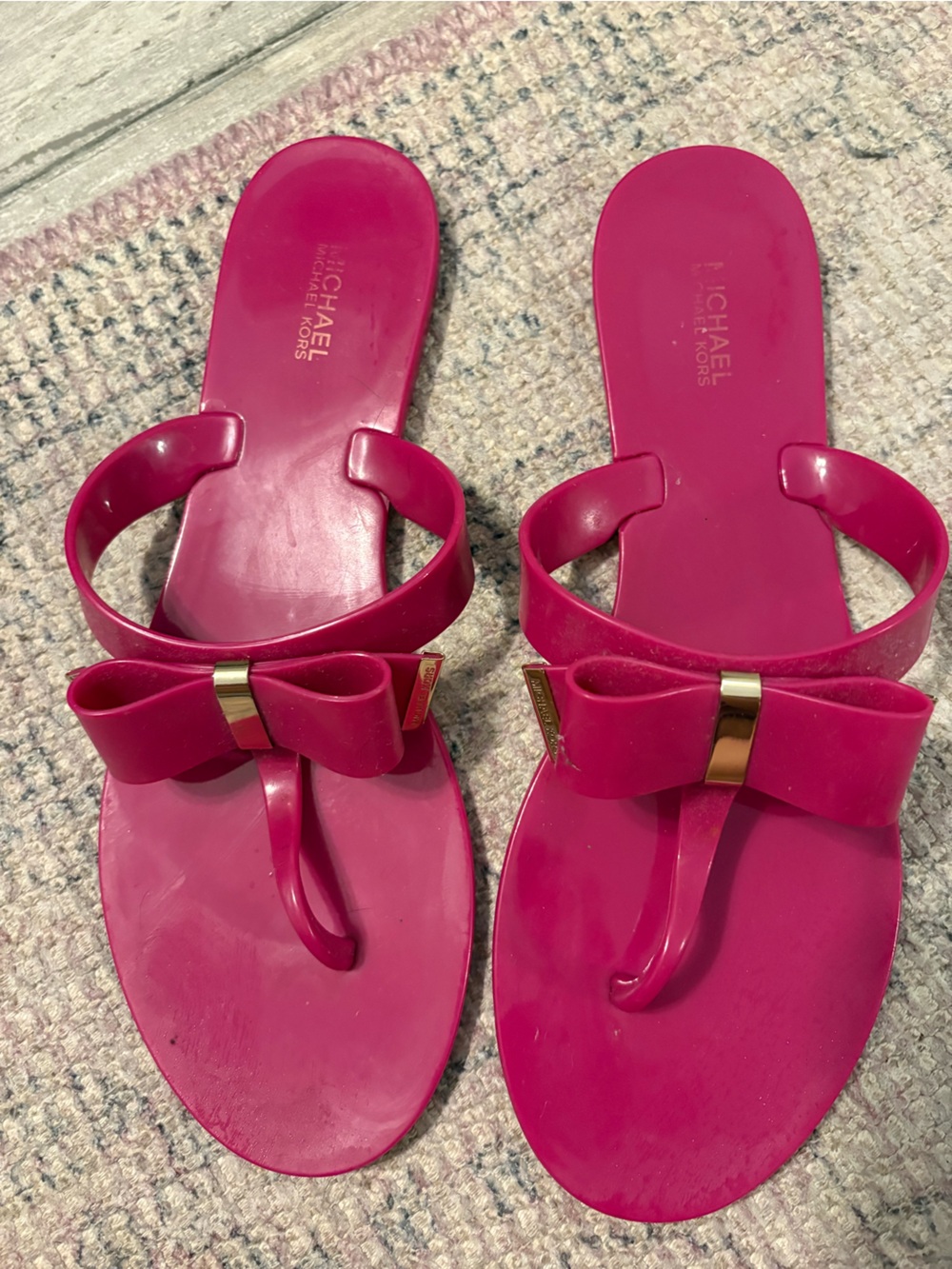 Michael Kors Hot Pink Bow Jelly Thong Sandals with Gold Accent